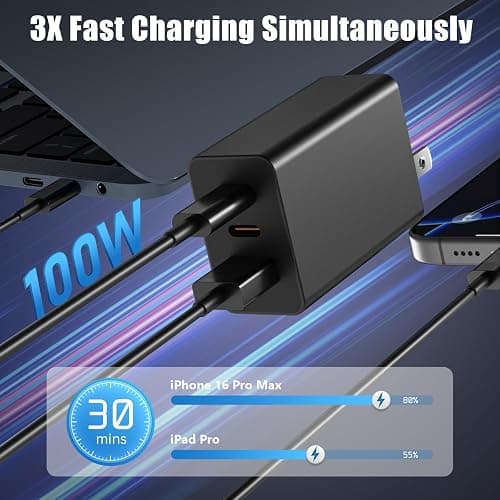 [2-Pack] USB C Wall Charger 3-Port,100W GaN Multiport Fast Charging Charger Block, PD+QC Power Adapter Plug for iPhone 17 Air/16/15/14/13/Pro Max/XS/XR, MacBook Pro/Air,iPad, Samsung S25/S24, and More thumbnail 4