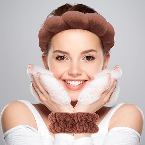 Zkptops Spa Headband for Washing Face Wristband Set Sponge Makeup Skincare Terry Cloth Bubble Soft Get Ready Hairband for Women Girl Puffy Padded Headwear Non Slip Thick Hair Accessory(Dark Brown) thumbnail 2