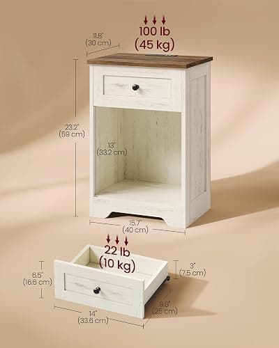 VASAGLE Nightstand with Charging Station, 1 Drawer and Open Shelf | Wood End Table, 15.7 x 11.8 x 23.2 in, Rustic White and Honey Brown, Bedroom and Living Room, SIREN Collection ULET628WJ01S thumbnail 2