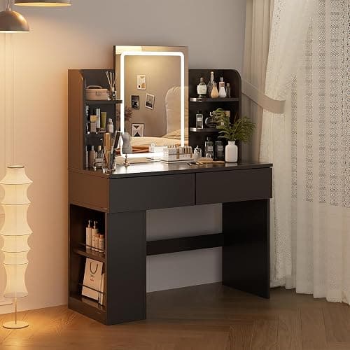 Airfish Dressing Table with LED Light,Vanity Desk with Mirror and Concealed LED Light Strip, MakeUp Desk with Two Drawers and One Sideboard (Black) thumbnail 6