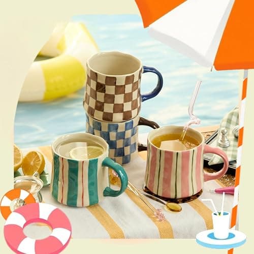 Hand-Painted Ceramic Coffee Mugs Set of 4 – 16oz Large Capacity Artistic Tea Cups with Checkerboard & Striped Patterns, Microwave & Dishwasher Safe for Home, Office, Kitchen (Summer Vibes Collection) - Image 1