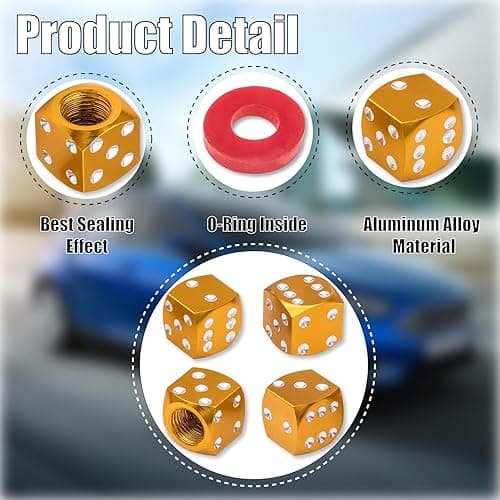 MEAJOO 4PCS Dice Style Tire Valve Stem Caps, with O Rubber Ring, Universal Aluminium Alloy Dustproof Tire Valve Stem Covers for Cars, SUV, Trucks, Bikes, Motorcycles, Bicycles (Gold) - 4 pcs - Dice-Gold thumbnail 3
