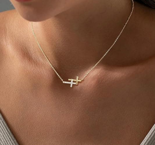 Bykuvo Cross Necklace For Women,14K Gold Plated Small Dainty Colorful Beaded Cubic Zirconia Diamond Double Layered Cross Pendant Choker Necklaces For Women,Christian Easter Religious Jewelry Gifts thumbnail 2