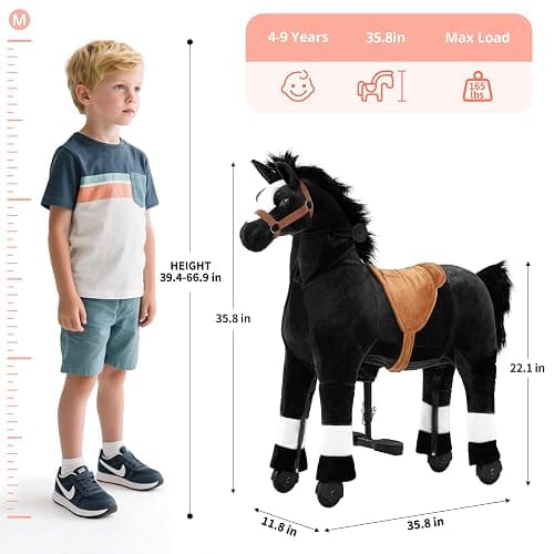 Pipleo Ride on Horse for Big Kids, Riding Horse Rider Mechanical Walking Action Plush Animal for 4 to 9 Years, No Battery or Electricity, Max Load 165 LBS Black thumbnail 3