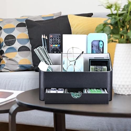 KINGFOM Desk Tidy Organiser mit 5 Grids and Drawer, PU Leather Desk Organiser Office Desktop Stationary Organiser Holder Large Capacity Pen Pot Pen Holder for Desk Accessories (Black) thumbnail 7