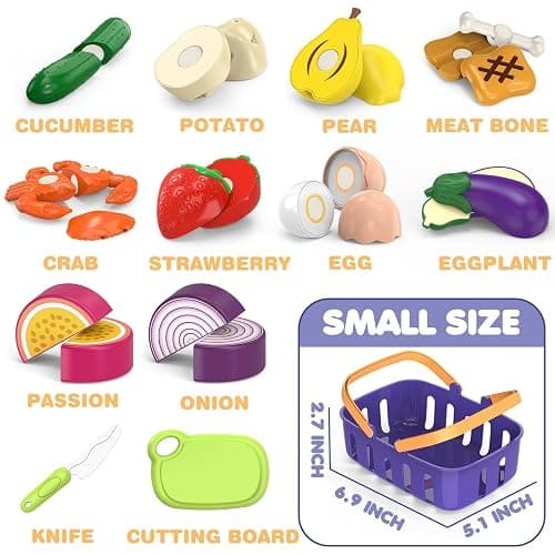 Cutting Play Food Toy with Grocery Basket, Pretend Play Kitchen Accessories | Toddler Educational Kitchen, Plastic Fake Food, Vegetables & Fruits for Kids Age 3-5, Birthday Gift for Boys Girls thumbnail 4