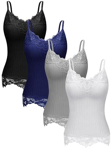 Fourluoo Women's Long Lace Tank Tops Camisole | Patchwork Tops for Women, Ribbed Cami, V-neck Camisole Undershirts, Adjustable Spaghetti Straps, Soft Stretchy - Image 1