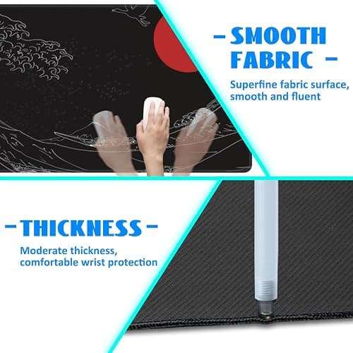 Desk Mat, Black Japanese Style Wave and Red Sun Extended Gaming Mouse Pad Large, 31.5"x11.8" Big Mouse Pad with Non-Slip Base and Stitched Edge, Long Computer Keyboard Mouse Mat for Home Office Work thumbnail 5