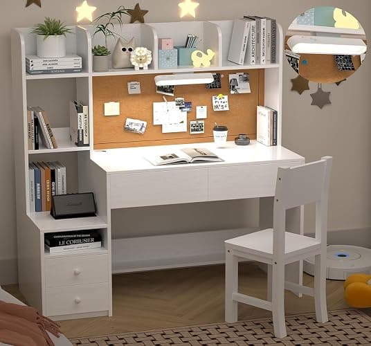 NKUGCFC 43 inch Kids Study Desk and Chair Set with Storage Hutch and LED Light, White Girls Desk with 4 Drawers for Child's Bedroom, Ideal for Homework for Ages 8-12 - Image 1