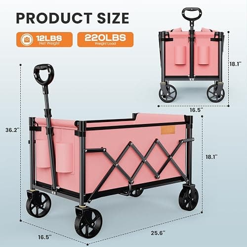 Uyittour Collapsible Wagon Cart Foldable with 220lbs Weight Capacity, Lightweight Portable Folding Grocery Shopping Cart with Wheels for Camping Sports Beach and Shopping, Pink - Pink - 90"L thumbnail 2