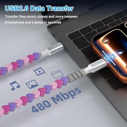 AIAUXAI USB C to USB C Cable,6FT Beaded Charger Charging Cord,Pink-Purple | 60W Cute Type C Phone Charger Cord for iPhone 18 Pro Max 17 16/iPad&CarPlay,for Samsung S26 S25 Ultra A17 Android Girls Women thumbnail 5