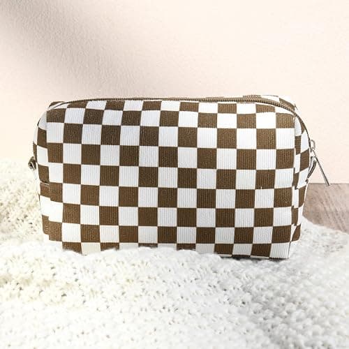 SOIDRAM 2 Pcs Checkered Makeup Bag Large Cosmetic Bag Toiletry Bag Makeup Pouch Travel Bag Organizer Cute Makeup Brushes Aesthetic Accessories Storage Bag for Women Coffee Brown thumbnail 6