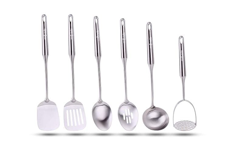 Millvado Stainless Steel Kitchen Utensil Set, Cooking Utensils, Set of 6 Kitchen Tools, Solid Spoon, Slotted Spoon, Solid Turner, Slotted Turner, Soup Ladle, Potato Masher, Dishwasher Safe - Image 1