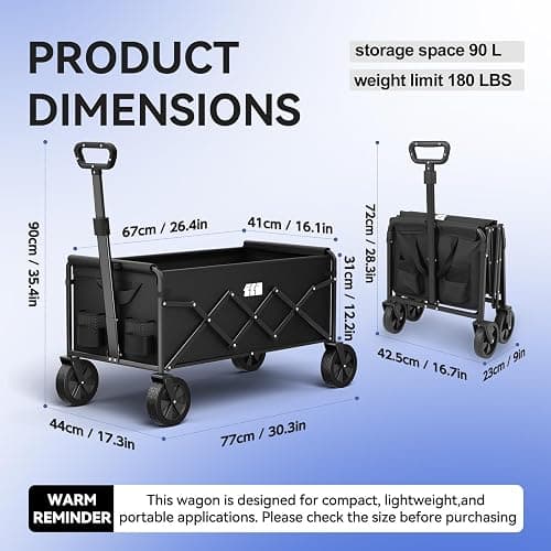 TANSTRIDER Collapsible Foldable Wagon, Folding Wagon with Wheel Heavy Duty with 180lbs Weight Capacity Lightweight Utility Camping Cart for Groceries Garden Beach Sports Fishing (Black) thumbnail 2