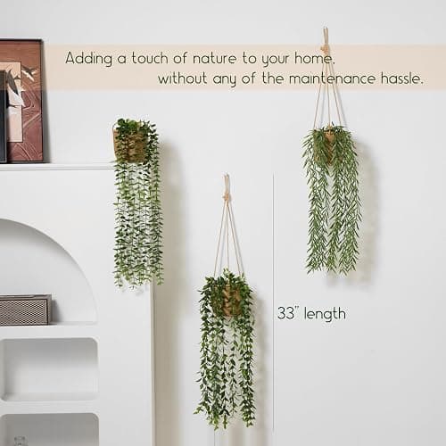 Mokof 3 Pack Artificial Hanging Plants in Boho Handwoven Baskets for Living Room, Bedroom, Bathroom Wall Shelf Decor thumbnail 5