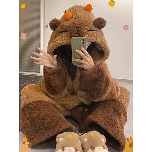 Whedai Unisex Capybara Costume Warm Flannel Cute Animal One-Piece Pajamas, Halloween Christmas Sleepwear Jumpsuit Pajamas Brown thumbnail 5