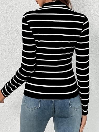 Floerns Women's Mock Turtleneck Long Sleeve Slim Fit Stretch Striped T-Shirts Tunic Tops Fall Fashion Trendy Outfits Clothes thumbnail 2