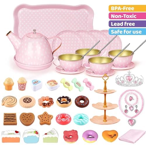iAOVUEBY Tea Party Set for Little Girls, 49PCS Princess Tea Time Toys Including Tea Set Dessert Carrying Case, Kids Kitchen Pretend Playset, Tea Set for Girls Birthday Toddler Age 3-8, Pink thumbnail 4