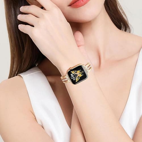AIRSPO Slim Gold Band Compatible with Apple Watch 38mm 40mm 41mm 42mm 44mm 45mm 46mm Women Thin Metal Strap Dressy Jewelry Bracelet with Bling Diamond for iWatch Bands Series 10 9 8 7 6 5 4 3 SE thumbnail 5