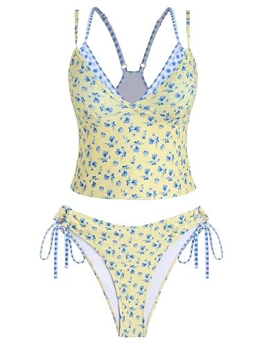 ZAFUL Women Double Layer Tankini Set V Neck Color Block Swimsuit Side Tie Two Piece Bathing Suit - Image 1
