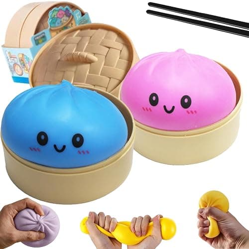 Dumpling Mystery Squishy, Jumbo Giant Glitter Dumpling Squishy, Soft Squeeze Decompression Dough with Steamer Box (Royal Blue+Pink (with Emoji), S: 4 inch/ 10 cm(Diameter)) - Image 1