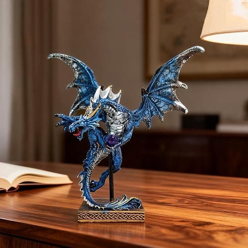 Hmusnwol Dragon Statue-Collectible Figurines Fantasy Gothic Beast - 10.5" Tall Collectible Dragon Sculpture Decor with Blue Orb thumbnail 4
