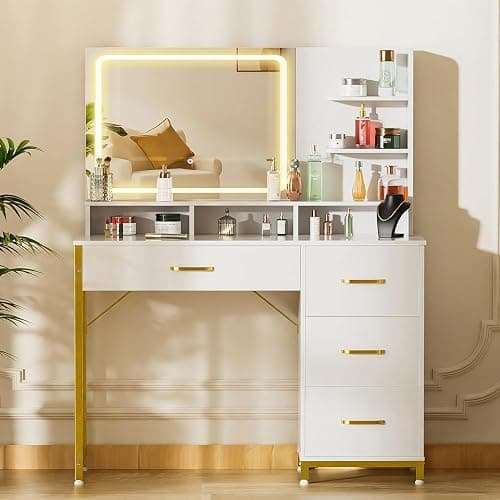 COMHOMA Vanity Desk with Mirror and Lights, Makeup Vanity Table with 4 Drawers & Storage Shelves, Large HD Mirror, 3 Color Modes & Adjustable Brightness, Modern Dressing Table for Bedroom, Pearl White thumbnail 5