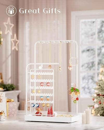 ProCase Jewelry Stand Holder Organizer, Jewelry Display Storage with Ring Tray, Rotating Earring Bracelet Necklace Holder, Valentine's Gifts Room Dorm Decor for Teen Girls -White (No-Assembly) thumbnail 8
