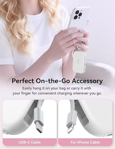 RORRY CharmGo Portable Charger, 5000mAh Power Bank with Built-in Cables | 20W,Keychain,Travel Essential,Battery Pack,USB-C,Compact,All in Mini,for iPhone18 Pro Max/17-15,for AirPods 3/4/Pro,for iPad thumbnail 2