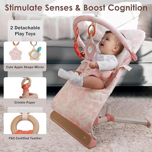 Tiny Marvels Baby Bouncer, Portable Infant Bouncer Seat with Soothing Music & 3-Point Harness, Foldable and Lightweight for Newborn to Toddler 0-12 Months, Under 20 lbs thumbnail 4