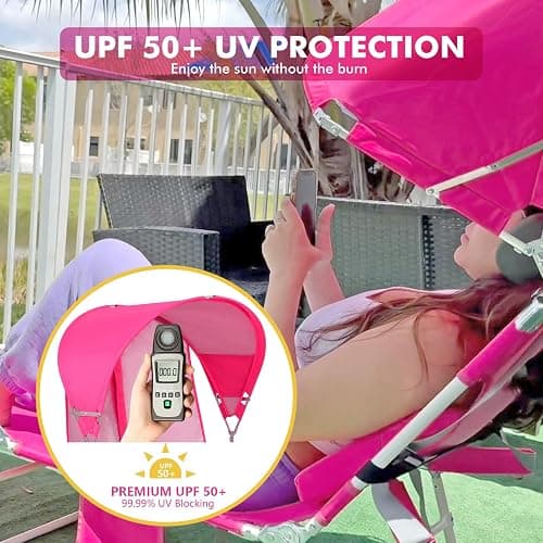 Backpack Beach Tanning Chair with Canopy Sun Shade & Face Hole, 6 Position Folding Lounge Sun Chair for Adults Outside Reading Sunbathing Poolside Camping Lawn, UPF 50+, Pink, Patent Design thumbnail 3