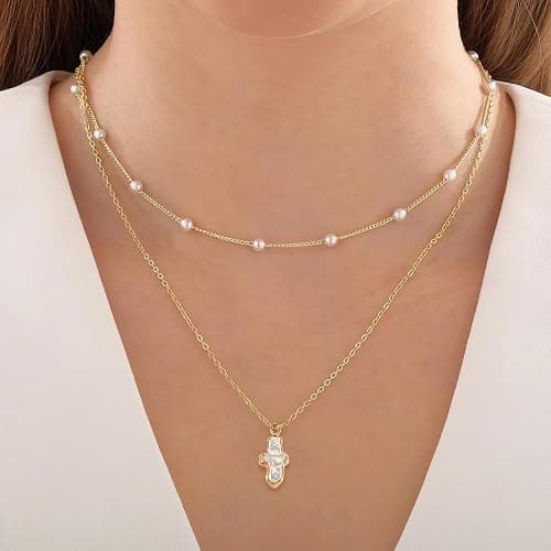 PEALICIOUS Gold Cross Necklace for Women, 14K Gold Chunky Necklace Dainty Paperclip Jewelry with Choker Layered Cross Pendant for Trendy Baroque Jewelry, Paperclip Chain Set with Freshwater Pearl thumbnail 3