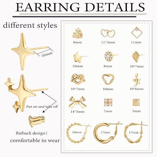 82 Pairs Gold Earrings for Women Trendy, Pearl Bow Small Hoop Stud Earrings Pack, Earring Set Multiple Piercing for Birthday Party Gift thumbnail 9