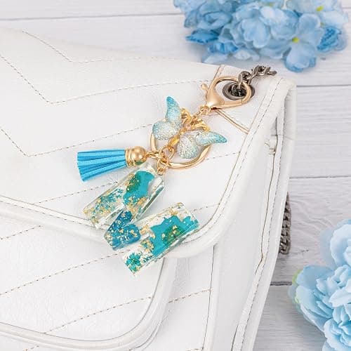 MWOOT Initial Letter Keychain Resin Alphabet Keyrings,Blue Petals Gold Foil Key Ring Charm,Cute Car Key Chain thumbnail 6