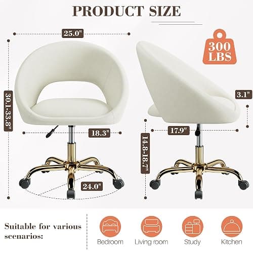BestEra Vanity Chair with Wheels, Comfy Home Office Desk Chairs Adjustable Modern Velvet Makeup Chair for Bedroom Living Room, Soft Cushion Swivel Computer Task Chairs for Women-Beige thumbnail 2