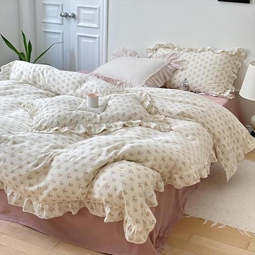 BuLuTu 100% Cotton Muslin Duvet Cover Twin for Kids Girls Boys, Shabby Chic Azalea Floral Duvet Covers Vintage Farmhouse Comforter/Quilt Cover with Ruffles, 68"x86", Zipper Closure, No Pillow - Image 1