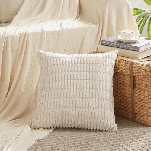 Fancy Homi 2 Packs Boho Decorative Throw Pillow Covers 18x18 Inch for Living Room Couch Bed Sofa, Rustic Modern Farmhouse Home Decor, Soft Corduroy Cream Square Cushion Case 45x45 cm thumbnail 2