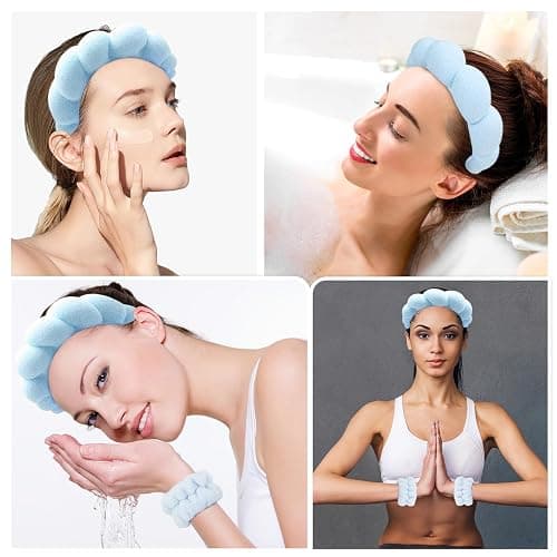 Zkptops Spa Headband for Washing Face Wristband Set Sponge Makeup Skincare Headband Terry Cloth Bubble Soft Get Ready Hairband for Women Girl Puffy Padded Headwear Non Slip Thick Hair Accessory(Blue) thumbnail 4