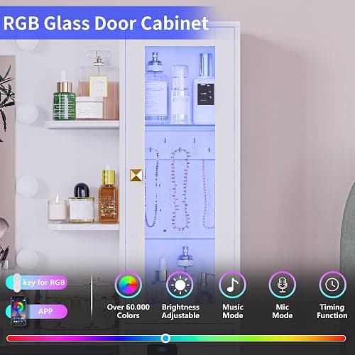 HUANLEGO Vanity Desk with Mirror and Lights, White Makeup Vanity Mirror with Lights Desk with 5 Drawers, Jewelry Organizer& LED Glass Cabinet, 3 Light Mode Dressing Table Set for Girls, Women thumbnail 5