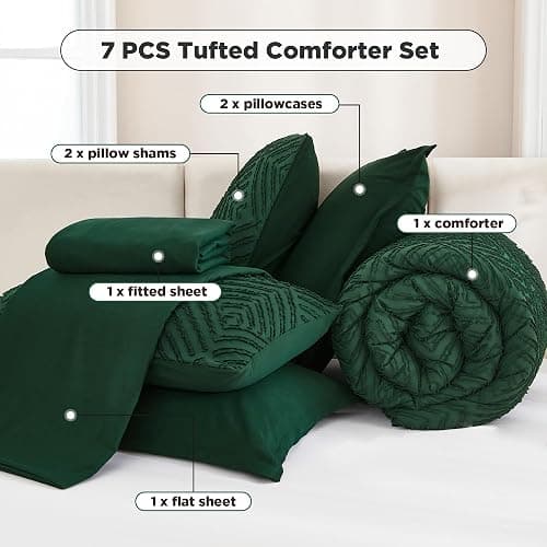 Andency Queen Comforter Set 7 Piece Dark Emerald Green - Bed in a Bag Queen Boho Lightweight Fluffy Tufted Bedding Sets with Comforter, Sheets, Pillowcases & Shams thumbnail 6