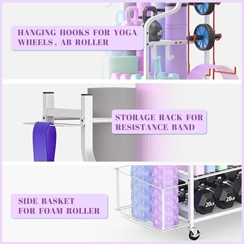 Mythinglogic Yoga Mat Storage Racks,Home Gym Storage Rack for Dumbbells Kettlebells Foam Roller, Yoga Strap and Resistance Bands, Workout Equipment Storage Organizer With Hooks and Wheels thumbnail 5