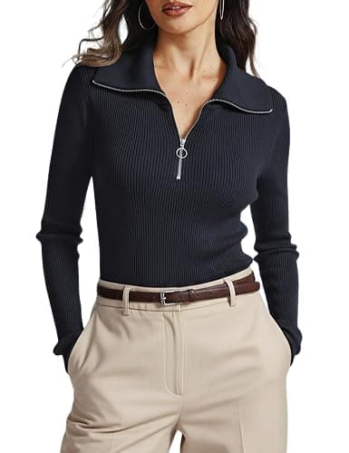 Prettywear Women's Quarter Zip Pullover Sweaters 2024 Long Sleeve Collared Slim Fit Ribbed Knit Business Casual Fall Top - Image 1