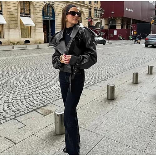 THLAI Womens PU Leather Jacket Long Sleeve Retro Collar Motorcycle Jacket Casual Coat thumbnail 4