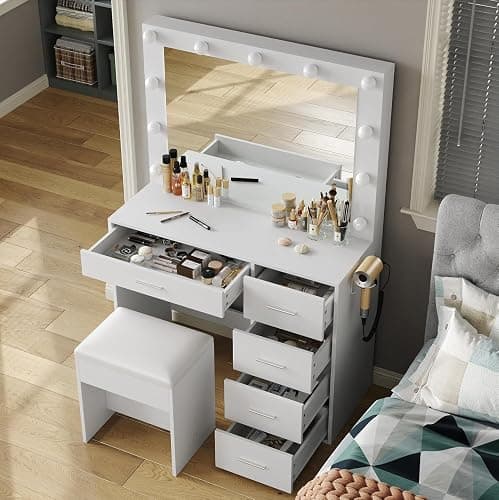 Vanity Desk with Power Outlet, Makeup Vanity with Lighted Mirror, 3 Colors Adjustable, 5 Drawers Vanity with Chair, Vanity Set for Bedroom, Dressing Room, White, 37'' thumbnail 6