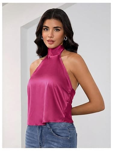 MakeMeChic Women's Satin Silk Halter Tank Tops Backless Going Out Top | Open Back Top, Sleeveless, High Neck, Cute Summer Tops, Classy, Sexy Tops, Party, Club thumbnail 3