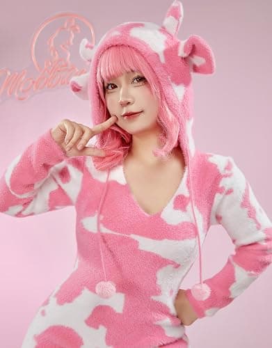 Mobbunny Women's Fuzzy Knit Sweater Pajamas Pink Cow Print Jumpsuit Fluffy Hooded Romper Bodysuit Onesies Pajamas Adult - Large - Pink thumbnail 2