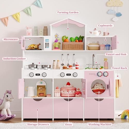 Keyluv Wooden Play Kitchen for Kids and Toddler, Montessori Toy Kitchen Playset with Plenty of Pretend Play Features and Storage Drawers, Gift for Boys and Girls, Pink thumbnail 7