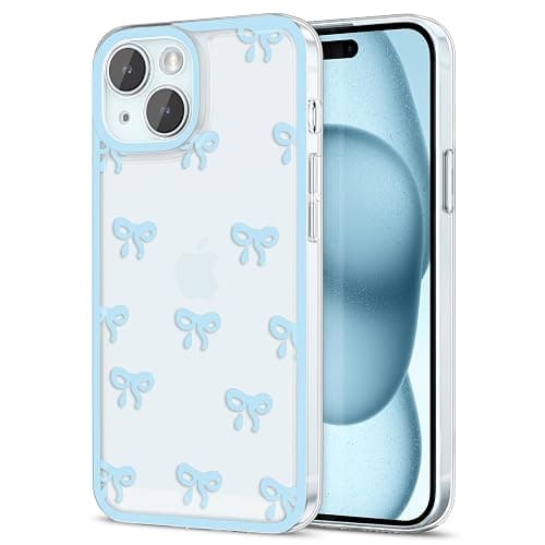 EYZUTAK Case for iPhone 15, Clear Cute Ribbon Bowknot Pattern Aesthetic Transparent Phone Case Raised Camera Protection Stylish Slim Soft Durable TPU Protective Cover for Women Girls - Blue - iPhone 15 - Blue thumbnail 9