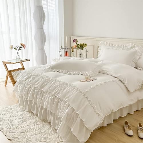 IHOUSTRIY Ruffle Duvet Cover Queen Size,100% Washed Microfiber 3pcs Bedding Duvet Cover Set, Shabby Chic Farmhouse Duvet Cover and Pillow Shams, Zipper Closure & Corner Ties, Easy Care, White - Queen thumbnail 3