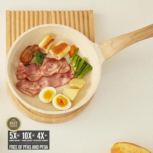 Vkoocy Non Stick Pots and Pans Set Ceramic Cookware Set with Granite Dot, 3pcs Kitchen Cooking Sets Frying Pan Saucepan, No PTFE, No PFAS, Bright Cream thumbnail 2